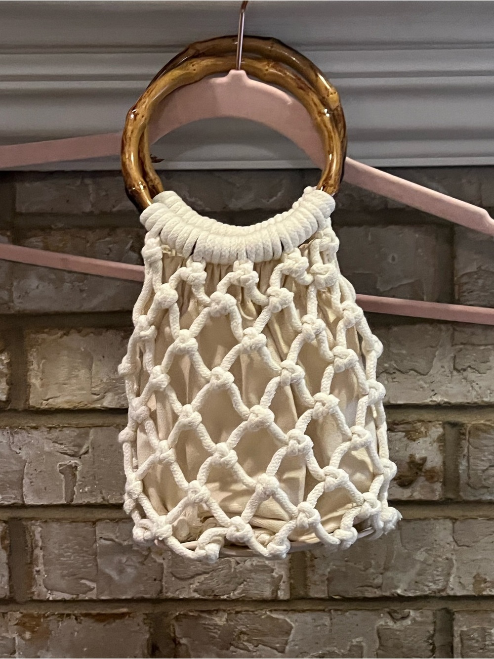 Handwoven Cream Macrame Bucket Bag with Bamboo Handle